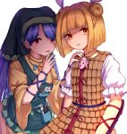  2girls apron arm_ribbon arm_up armor arms_at_sides arms_up bangs blonde_hair blue_hair blunt_bangs bob_cut caliper commentary_request double_bun dress flower green_headwear hair_ribbon hand_on_another&#039;s_shoulder hand_on_own_chin haniwa_(statue) haniyasushin_keiki head_tilt highres hood joutouguu_mayumi long_hair long_sleeves looking_at_viewer magatama magatama_necklace mozuno_(mozya_7) multiple_girls orange_eyes parted_bangs parted_lips pink_eyes puffy_short_sleeves puffy_sleeves ribbon shirt short_hair short_sleeves simple_background tools touhou upper_body vambraces very_long_hair white_background white_shirt yellow_dress 