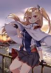  1girl arm_support azur_lane bangs black_gloves blonde_hair breasts capelet cleveland_(azur_lane) clouds cloudy_sky commentary_request fingerless_gloves gloves hand_gesture kaorihero leaning_back looking_at_viewer medium_hair midriff_peek morning ocean one_eye_closed one_side_up outdoors pleated_skirt railing red_eyes short_sleeves sidelocks skirt sky small_breasts smile solo standing sunburst sunrise torii 