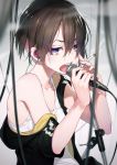 1girl black_jacket breasts brown_hair cable cigarette earrings jacket jewelry looking_at_viewer microphone_stand nilitsu open_mouth original shirt short_hair small_breasts smoke smoking solo tank_top violet_eyes white_shirt 