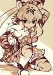  1girl animal_ear_fluff animal_ears animal_print arm_behind_head arm_up bangs elbow_gloves frilled_skirt frills frown full_body gloves hair_between_eyes hair_ribbon hatagaya kemono_friends long_hair looking_at_viewer muted_color necktie one_knee print_gloves print_legwear puffy_short_sleeves puffy_sleeves ribbon scabbard serious sheath short_sleeves sidelocks sketch skirt smilodon_(kemono_friends) solo sword tail thigh-highs tiger_ears tiger_print tiger_tail v-shaped_eyebrows weapon 