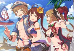  1boy 2girls ahoge beach bikini boat bracelet breasts brown_eyes brown_hair cape clarisse_(granblue_fantasy) diantha_(granblue_fantasy) flower gloves gran_(granblue_fantasy) granblue_fantasy hair_flower hair_ornament hat hinami_(hinatamizu) jewelry medium_breasts multiple_girls navel ocean santa_bikini santa_hat side_ponytail swimsuit sword v visor_cap watercraft weapon 