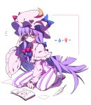  1girl adjusting_eyewear bangs bespectacled blue_bow blunt_bangs book bow capelet commentary crescent dress frilled_sleeves frills gla glasses hair_bow hat hat_bow kneeling long_hair long_sleeves mob_cap patchouli_knowledge pink_headwear purple_hair quill red_bow shoes simple_background solo striped striped_dress touhou violet_eyes white_background wide_sleeves 