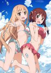  2girls bangs bare_shoulders barefoot bikini bikini_skirt blue_bikini blue_sky blush breasts brown_eyes brown_hair day dogakobo doma_umaru dot_nose ebina_nana eyebrows_visible_through_hair foreshortening frilled_bikini frills from_side furrowed_eyebrows hair_between_eyes hands_up highres himouto!_umaru-chan kantoku kantoku_(style) large_breasts leg_up light_brown_hair long_hair looking_at_viewer medium_breasts medium_hair miniskirt moe multicolored multicolored_bikini multicolored_clothes multiple_girls navel open_mouth outdoors outstretched_arm reaching_out red_bikini shiny shiny_hair shueisha sidelocks skirt sky standing standing_on_one_leg striped striped_bikini summer swimsuit thighs tongue two_side_up very_long_hair wading water water_drop wavy_mouth white_bikini 