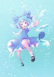  1girl black_footwear blue_background blue_bow blue_dress blue_eyes blue_hair bow character_name cirno commentary dress hair_bow ice ice_wings mary_janes open_mouth puffy_short_sleeves puffy_sleeves red_bow satyuas shirt shoes short_sleeves smile socks solo touhou white_legwear white_shirt wings 