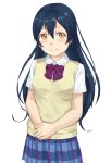  1girl bangs blue_hair blush bow bowtie commentary_request cowboy_shot eichisu eyebrows_visible_through_hair hair_between_eyes hands_together long_hair looking_at_viewer love_live! love_live!_school_idol_project otonokizaka_school_uniform own_hands_together red_neckwear school_uniform short_sleeves simple_background smile solo sonoda_umi striped striped_neckwear white_background yellow_eyes 