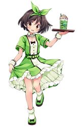  alternate_costume bow brown_hair dessert detached_collar dress dress_lift food green_footwear hairband kantai_collection odawara_hakone short_hair short_sleeves simple_background socks tanikaze_(kantai_collection) waitress wrist_cuffs yellow_eyes 