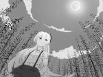  1girl bamboo bamboo_forest bow clouds forest from_below fujiwara_no_mokou full_moon greyscale hair_bow hands_in_pockets long_hair monochrome moon nature pants shirt short_sleeves sky solo star star_(sky) suspenders touhou tuck very_long_hair white_shirt 