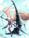  1girl angel armor arrow boots bow_(weapon) bracer brown_footwear clouds commentary drawing_bow flying gloves halo long_hair original oversized_object satyuas sky solo weapon wings 