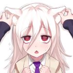  1girl albino animal_ears bags_under_eyes cat_ears chestnut_mouth commentary female_pov flying_sweatdrops hair_between_eyes hair_over_one_eye koma_neko kuroki_tomoko long_hair low_twintails necktie pleated_skirt pov pov_hands purple_neckwear red_eyes school school_uniform shirt skirt solo_focus tamura_yuri touching_ears translated twintails watashi_ga_motenai_no_wa_dou_kangaetemo_omaera_ga_warui! white_hair white_shirt 