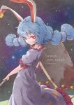  1girl ambiguous_red_liquid animal_ears blue_dress blue_hair character_name commentary crescent dress ear_clip frills kine legacy_of_lunatic_kingdom long_hair mallet rabbit_ears red_eyes satyuas seiran_(touhou) sky solo stain star star_(sky) starry_sky touhou twintails 