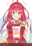  +_+ 1girl bangs blue_background blurry blurry_foreground blush breasts collared_shirt depth_of_field drooling eyebrows_visible_through_hair food fruit go-toubun_no_hanayome hair_between_eyes hair_intakes hair_ornament highres holding holding_spoon large_breasts long_hair looking_at_viewer mizuki_ryuu mouth_drool nakano_itsuki notice_lines parfait redhead shirt short_sleeves solo spoon star star_hair_ornament strawberry sweater_vest two-tone_background very_long_hair violet_eyes wafer_stick white_background white_shirt 