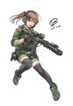 1girl ar-15 assault_rifle black_legwear blue_eyes brown_hair camouflage commentary dated english_commentary gloves gun handgun headset highres holding holding_gun holding_weapon holster holstered_weapon jpc open_mouth original pistol rifle shorts side_ponytail signature solo thigh-highs trigger_discipline weapon white_background 