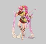  1girl barefoot belt bow bracelet fire_emblem fire_emblem:_new_mystery_of_the_emblem fire_emblem_heroes full_body grey_background jewelry long_hair mayo_(becky2006) official_art phina_(fire_emblem) pink_eyes pink_hair ponytail solo 