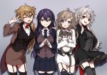  4girls :d ;d ahoge bandaged_hands bandages bangs black_jacket black_legwear black_neckwear black_shirt black_skirt black_vest blue_eyes breasts brown_eyes brown_hair brown_jacket brown_skirt brown_vest collared_shirt ear_piercing eyebrows_visible_through_hair frilled_skirt frills fushimi_gaku garter_straps genderswap genderswap_(mtf) green_eyes grey_background grey_legwear grey_vest hair_between_eyes hair_ornament hairclip jacket kanae_(nijisanji) kenmochi_touya kuzuha_(nijisanji) long_hair long_sleeves looking_at_viewer medium_breasts multiple_girls nijisanji object_hug one_eye_closed open_clothes open_jacket open_mouth piercing pointy_ears purple_hair red_eyes shirt silver_hair simple_background skirt smile steepled_fingers stuffed_animal stuffed_cat stuffed_toy thigh-highs v very_long_hair vest white_jacket white_shirt white_skirt yamabukiiro 