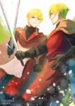  2boys belt black_gloves blonde_hair blue_eyes blurry_foreground brown_cape cape clenched_hand copyright_name day dylan_the_island_king ethan_the_exiled_hero eye_contact facial_hair glint gloves holding holding_sword holding_weapon looking_at_another male_focus mizuki_apple multiple_boys outdoors pixiv_fantasia pixiv_fantasia_last_saga red_cape smirk standing stubble sword weapon white_sky 