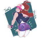  1girl ass baseball_cap big_hair brown_hair character_name commentary english_commentary from_behind hat high_ponytail long_hair looking_back pockets_visible pokemon pokemon_(game) pokemon_bw short_shorts shorts sidelocks signature sleeveless slit_pupils solo thiccwithaq touko_(pokemon) vest wristband 
