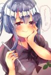  1girl absurdres bangs beniko_(ymdbnk) black_ribbon blue_hair blurry blurry_foreground blush closed_mouth collarbone collared_shirt commentary_request depth_of_field double_bun eyebrows_visible_through_hair fingernails foodgasm grey_background grey_shirt hair_between_eyes hand_on_own_face highres holding holding_spoon long_hair neck_ribbon original puffy_short_sleeves puffy_sleeves red_eyes ribbon shirt short_sleeves sidelocks simple_background smile solo spoon tears two_side_up wavy_mouth 