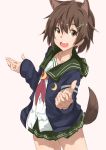  1girl animal_ears beige_background blue_jacket brave_witches brown_eyes brown_hair commentary_request cosplay cowboy_shot crescent crescent_moon_pin dog_ears dog_tail green_sailor_collar green_skirt hair_ornament hairclip jacket kantai_collection karibuchi_hikari mutsuki_(kantai_collection) mutsuki_(kantai_collection)_(cosplay) neckerchief open_mouth pleated_skirt red_neckwear remodel_(kantai_collection) round_teeth sailor_collar school_uniform serafuku shino_(ten-m) short_hair simple_background skirt smile solo tail teeth upper_teeth world_witches_series 