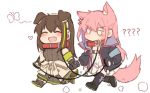  2girls animal_ears armband black_gloves blush brown_gloves brown_hair chibi closed_eyes clothes_around_waist collar dog_ears dog_tail eyebrows_visible_through_hair fang girls_frontline gloves green_hair holding_hands jacket leash long_hair m4a1_(girls_frontline) multiple_girls open_mouth pink_hair shoes simple_background st_ar-15_(girls_frontline) tail walking white_background yuutama2804 