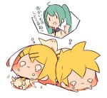  1boy 2girls :i afterimage aqua_hair barefoot blonde_hair bloomers blush_stickers bow chibi commentary_request crying dripping hair_bow hair_ornament hairclip kagamine_len kagamine_rin kicking kitsune_no_ko lying multiple_girls o_o on_back on_stomach outstretched_arms pout shared_thought_bubble short_hair simple_background sleeveless tantrum thought_bubble translation_request underwear vocaloid waving_arms white_background white_bow 