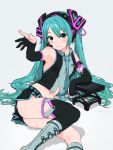  1girl alternate_costume aqua_eyes aqua_hair aqua_neckwear arm_rest armpits ass bare_shoulders black_gloves black_legwear blush boots commentary crop_top elbow_gloves feet_out_of_frame gloves hair_ornament hand_up hatsune_miku head_tilt headphones headset highres light_smile long_hair looking_at_viewer lying midriff navel necktie neon_trim partly_fingerless_gloves shirt sleeveless sleeveless_shirt solo stomach stool thigh-highs turbo_engine_(rakugaki_tabo) twintails two-tone_shirt very_long_hair vocaloid 