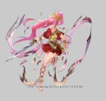  1girl barefoot belt bow bracelet fire_emblem fire_emblem:_new_mystery_of_the_emblem fire_emblem_heroes full_body grey_background jewelry long_hair mayo_(becky2006) official_art one_eye_closed open_mouth phina_(fire_emblem) pink_eyes pink_hair ponytail solo sword teeth torn_clothes weapon 
