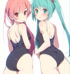  2girls aqua_eyes aqua_hair ass blush cowboy_shot from_behind hatsune_miku long_hair looking_at_viewer looking_back megurine_luka multiple_girls one-piece_swimsuit red_eyes redhead swimsuit tshangen131 twintails very_long_hair vocaloid white_background 