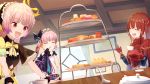  385oo 3girls atelier_(series) atelier_lydie_&amp;_suelle belt bow bowtie capelet closed_eyes cousins cup curtains eating food gloves hairband highres long_hair lucia_borthayre lydie_marlen multiple_girls open_mouth pink_eyes pink_hair redhead sandwich siblings side_ponytail sisters suelle_marlen sweets teacup twintails upper_body window 