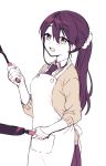  1girl :d bandaged_hands bandages bangs blush breasts collared_shirt eyebrows_visible_through_hair frying_pan genderswap genderswap_(mtf) hair_between_eyes hair_ornament hair_scrunchie holding holding_frying_pan kenmochi_touya limited_palette long_hair looking_at_viewer necktie nijisanji open_mouth pleated_skirt ponytail purple_hair purple_neckwear purple_skirt school_uniform scrunchie shirt simple_background skirt sleeves_pushed_up small_breasts smile solo spatula sweater violet_eyes white_background yamabukiiro 