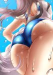  1girl ass blue_swimsuit brown_hair competition_swimsuit day from_below highres hikari_(komitiookami) long_hair one-piece_swimsuit original outdoors shiny shiny_hair shiny_skin solo standing swimsuit thighs wet 