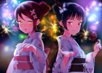  2girls :o alternate_hairstyle back_bow blue_flower blue_hair blurry bow candy_apple depth_of_field fang feathers festival fireworks flower food hair_bun hair_feathers hair_flower hair_ornament hair_up holding holding_food japanese_clothes kimono looking_at_viewer love_live! love_live!_sunshine!! multiple_girls night obi outdoors outstretched_hand pink_flower red_eyes redhead sakurauchi_riko sash sellel tsushima_yoshiko upper_body v-shaped_eyebrows yellow_eyes 
