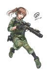  1girl ar-15 assault_rifle blue_eyes brown_hair camouflage commentary dated english_commentary gloves gun handgun headset highres holding holding_gun holding_weapon holster holstered_weapon jpc open_mouth original pistol rifle side_ponytail signature solo trigger_discipline weapon white_background 