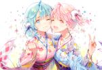  2girls absurdres ahoge blue_eyes blue_hair blue_kimono blush clenched_hand dsmile floral_print hair_ornament highres huge_filesize japanese_clothes kimono leaning_forward light_smile lips looking_at_viewer low_ponytail multiple_girls obi one_eye_closed one_side_up open_mouth original pink_eyes pink_hair pink_kimono sash scan side_ponytail upper_body wide_sleeves 