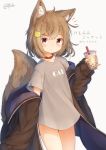  1girl animal_ear_fluff animal_ears black_coat brown_hair coat collar commentary_request coreytaiyo cup dog_ears dog_tail drinking_straw grey_shirt hair_ornament hairclip highres no_pants original red_eyes shirt short_hair simple_background sleeves_past_wrists solo tail translated white_background 