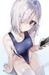  1girl arm_support bangs bare_arms bare_shoulders black_eyes black_nails blue_swimsuit blush breasts cellphone collarbone competition_swimsuit hair_over_one_eye highres holding holding_phone looking_at_viewer medium_breasts nail_polish nekometaru one-piece_swimsuit original parted_lips phone short_hair silver_hair sitting smartphone solo swimsuit thigh-highs thighs wet white_legwear 