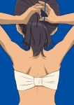  1girl akagi_(fmttps) arms_behind_head arms_up blue_background brown_hair dark_skin from_behind girls_und_panzer hair_tie hair_up highres hoshino_(girls_und_panzer) sarashi short_hair short_ponytail simple_background solo tying_hair upper_body 