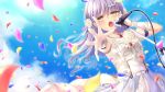  1girl :o bang_dream! bangs brooch chiyonekoko commentary day dress english_commentary floral_print flower gloves hair_flower hair_ornament holding holding_microphone jewelry looking_at_viewer microphone microphone_stand minato_yukina music outdoors outstretched_hand petals rose short_sleeves silver_hair singing solo white_dress white_flower white_gloves white_rose yellow_eyes 