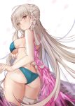  1girl ahoge alternate_costume arm_under_breasts ass azur_lane b_b_b_b66 bangs bare_shoulders bikini blue_bikini blush braid braided_bun breasts butt_crack cowboy_shot double_bun eyebrows_visible_through_hair feather_boa floating_hair formidable_(azur_lane) formidable_(the_lady_of_the_beach)_(azur_lane) from_behind hair_between_eyes highres huge_filesize large_breasts legs_together long_hair looking_back multi-strapped_bikini parted_lips shiny shiny_hair shiny_skin silver_hair simple_background single_thighhigh solo standing strap_gap swimsuit thick_thighs thigh-highs thighs twin_braids under_boob very_long_hair white_background white_legwear 