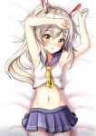  1girl :o anchor_symbol arlly_radithia armpits arms_up ayanami_(azur_lane) azur_lane bangs bare_arms bare_shoulders bed_sheet blue_sailor_collar blue_sky blush commentary_request cowboy_shot eyebrows_visible_through_hair grey_hair hair_between_eyes headgear high_ponytail highres long_hair lying midriff navel on_back parted_lips pleated_skirt ponytail red_eyes sailor_collar shirt skirt sky sleeveless sleeveless_shirt solo thigh_gap very_long_hair white_shirt yellow_neckwear 