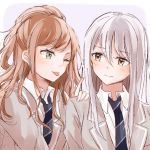  2girls ;p bang_dream! bangs blazer brown_hair collared_shirt green_eyes grey_hair grey_jacket half_updo hand_on_another&#039;s_shoulder haneoka_school_uniform imai_lisa index_finger_raised jacket lemon_(lmn826) minato_yukina multiple_girls necktie one_eye_closed school_uniform shirt striped striped_neckwear tongue tongue_out upper_body yellow_eyes 