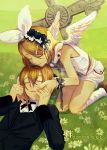  1boy 1girl angel angel_wings bangs bare_shoulders black_ribbon black_suit blonde_hair bow brother_and_sister closed_eyes commentary cross crying daisy day flower formal frilled_headband grass hair_bow hair_flower hair_ornament hairclip hand_on_another&#039;s_face head_on_head holding_hands kagamine_len kagamine_rin kneeling leaning_forward light_smile lying neck_ribbon on_back outdoors ribbon shirt shoes short_hair shorts siblings sleeveless sleeveless_shirt socks suit swept_bangs tears tombstone tuxedo twins vocaloid w.r.b white_bow white_legwear white_shirt white_shorts wings wrist_cuffs wrist_ribbon 