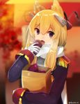  1girl :o azur_lane bag bangs blonde_hair blurry blurry_background bokeh commentary_request depth_of_field epaulettes fang food gloves hair_between_eyes hair_ears hand_up headgear highres holding holding_food long_hair long_sleeves looking_at_viewer open_mouth scarf shopping_bag solo sweet_potato thousa_01 twitter_username uniform upper_body violet_eyes warspite_(azur_lane) white_gloves white_scarf yakiimo 