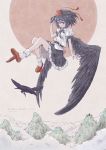  1girl above_clouds bird black_bow black_eyes black_hair black_skirt bow camera character_name clouds commentary crow flying frills geta hat holding holding_camera mountain red_footwear red_headwear satyuas shameimaru_aya shirt short_hair short_sleeves skirt sky socks sun tengu tengu-geta tokin_hat touhou white_legwear white_shirt wings 