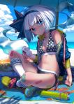  1girl :t bangs bare_shoulders beach beach_mat beach_umbrella bikini black_bikini black_ribbon blue_eyes blue_hairband blue_jacket blue_sky blush breasts clouds collarbone commentary_request day drawstring food green_footwear hair_ribbon hairband halterneck head_tilt hitodama holding holding_food indian_style innertube jacket kneehighs konpaku_youmu konpaku_youmu_(ghost) long_sleeves looking_at_viewer navel ocean off_shoulder onigiri open_clothes open_jacket outdoors partial_commentary polka_dot polka_dot_bikini ribbon shadow shoes short_hair silver_hair sitting sky sleeves_rolled_up small_breasts sneakers solo stomach swimsuit thighs thupoppo touhou umbrella white_legwear 