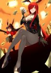  animal_ears bills black_gloves black_hair breasts bunnysuit card chain coin crossed_legs fate/grand_order fate_(series) gloves hair_over_one_eye hat highres kodamari long_hair oda_nobunaga_(fate) oda_nobunaga_(maou_avenger)_(fate) pantyhose rabbit_ears red_eyes redhead zipper 