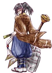  1boy black_hair blue_pants brown_jacket closed_eyes emil_chronicle_online folding_fan from_behind glasses hammer hand_fan holding holding_fan holding_hammer jacket pants ponytail solo tsubaki_(eco) waraji white_background 