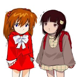 2girls aged_down auburn_hair backpack beads bear_hair_ornament blue_eyes brown_eyes brown_hair brown_shirt brown_sleeves canihavepromo child crossover female female_child flat_chest hair_ornament iwakura_lain loli long_sleeves medium_hair neon_genesis_evangelion orange_hair pale_skin patterned_clothing patterned_legwear randoseru red_shirt red_skirt red_sleeves ribbon serial_experiments_lain shirt short_hair simple_background sketch skirt sleeves_past_wrists souryuu_asuka_langley thighs white_background white_ribbon