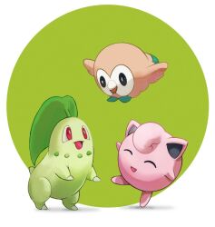  chikorita closed_eyes green_background jigglypuff leaf no_humans open_mouth pink_fur pokemon pokemon_(creature) red_eyes rowlet two-tone_background white_background yo_xeph 
