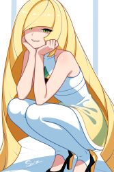  1girl absurdres artist_name bare_shoulders black_shoes blonde_hair dress green_eyes hair_over_one_eye high_heels highres long_hair looking_at_viewer lusamine_(pokemon) pants pokemon pokemon_sm shoes signature sleeveless sleeveless_dress smile solo squatting su1zide very_long_hair white_dress white_pants 