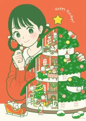  1girl bear bed black_eyes black_hair bow box braid braided_hair_rings bright_pupils christmas christmas_stocking christmas_tree doll_house fireplace flat_color gift gift_box green_nails hair_bow hair_rings happy_holidays hat highres long_sleeves original polar_bear red_background red_nails red_shirt santa_hat shirt sleeping sleigh solo table upper_body white_bow white_pupils window wreath yoshimon 